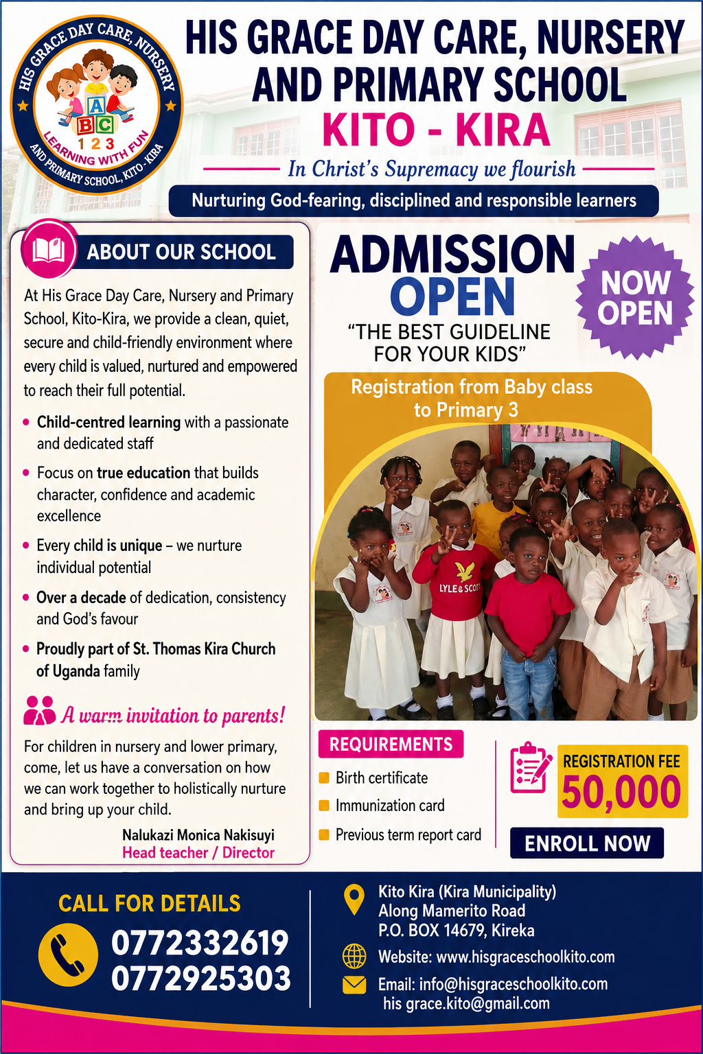 His Grace Day Care, Nursery and Primary School admissions flyer